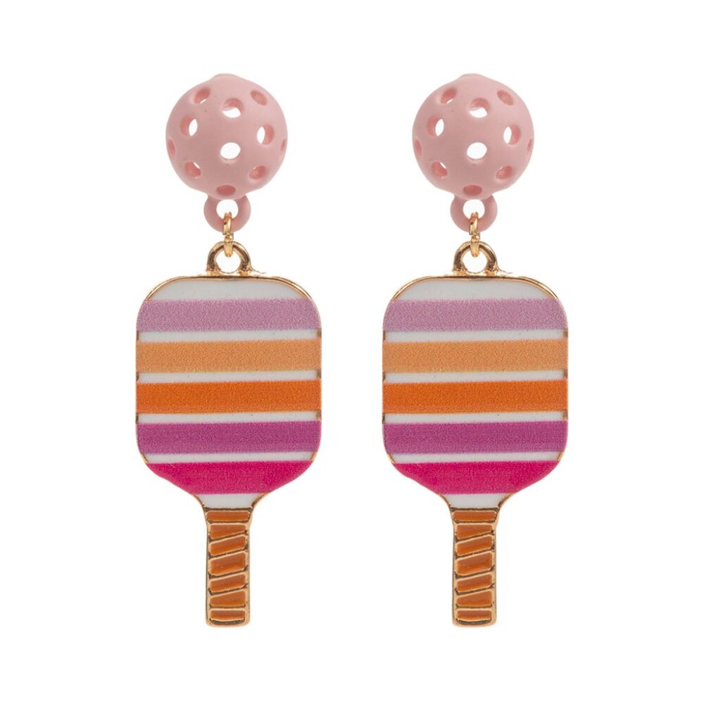 Pink Pickleball Paddle Dangle Earrings Striped Gold Tone Sports